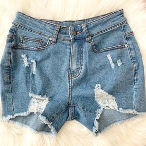Distressed denim shorts